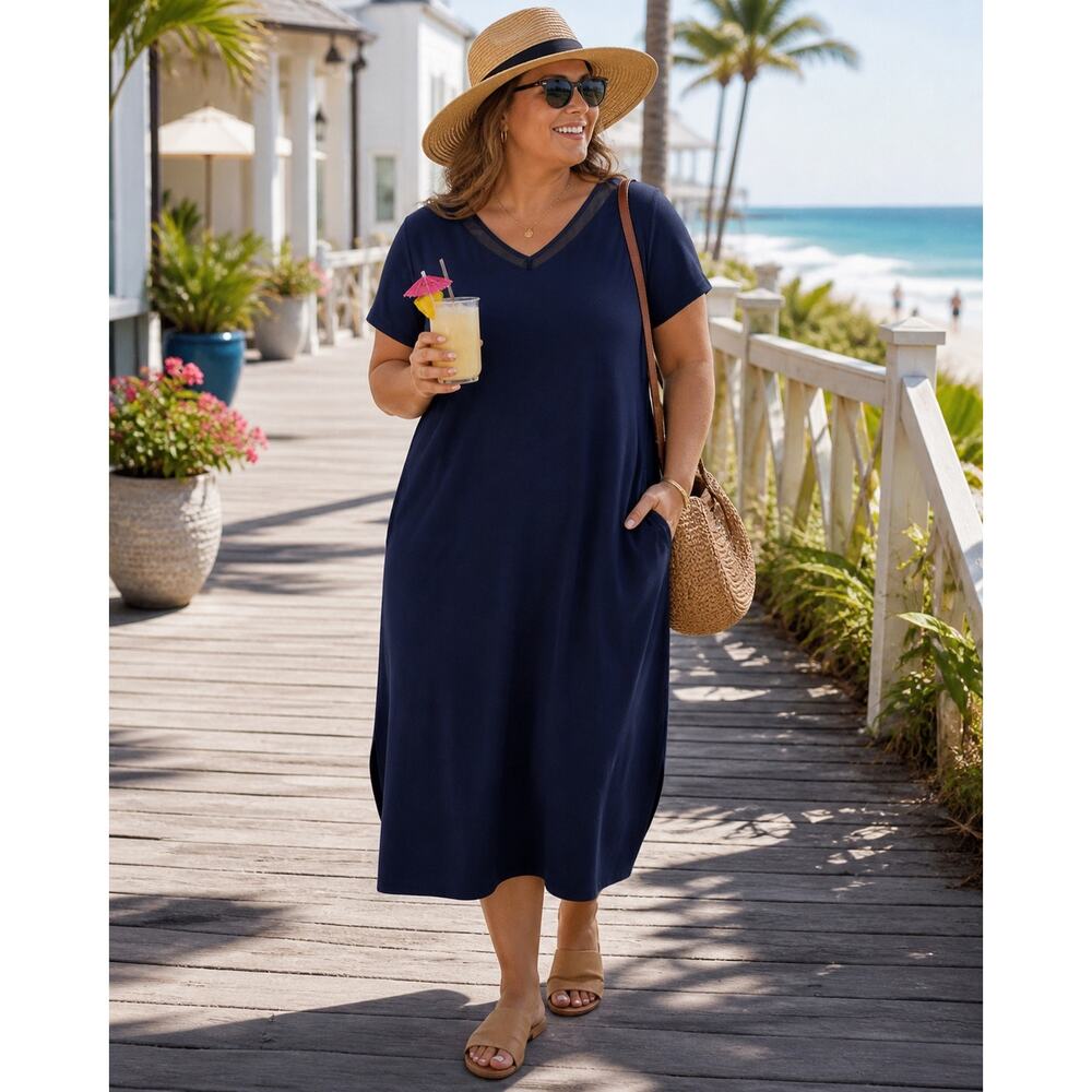 H by Halston Navy V-Neck Dress XL | Minimalist Pullover Midi with Mesh Trim - Picture 7 of 7